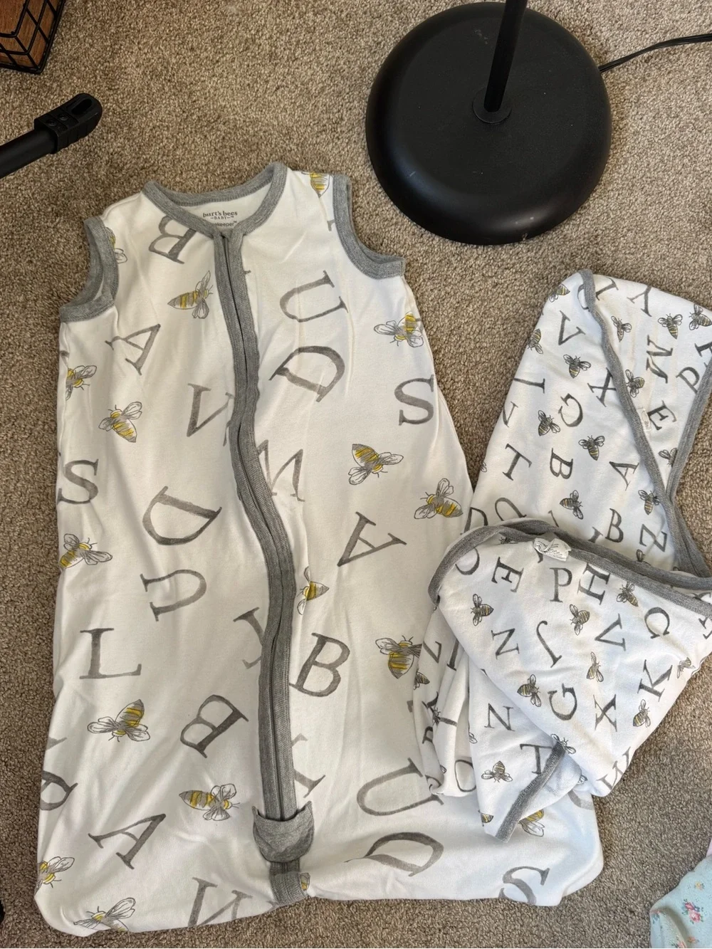 Burt's Bees Baby White Alphabet & Bee Hooded Sleep Sack & Towel